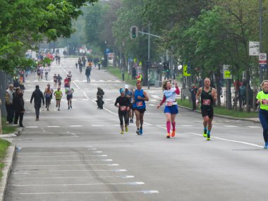 Belgrad, Sırbistan, 14 Nisan 2019. 32. Belgrad Maratonu. Birçok ülkeden koşucular şehir caddesinde koşuyor.