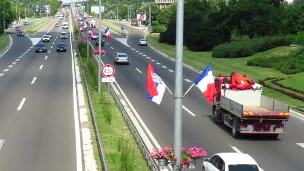 Belgrade Serbia July 2019 Highway Decorated Serbian French Flags Due — Stock Video