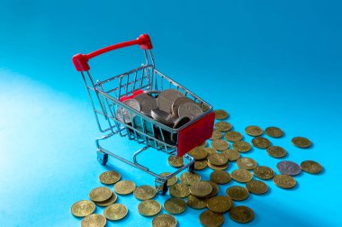 Alışveriş ve e-ticaret kavramı. Kaydetme para kavramı. Alışveriş arabası veya madeni para ile sepeti.