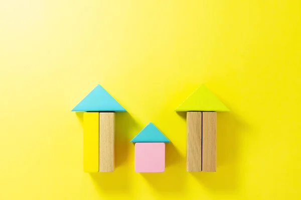 House Toy Wood Blocks Yellow Background Little Wooden House Hard — Stock Photo, Image