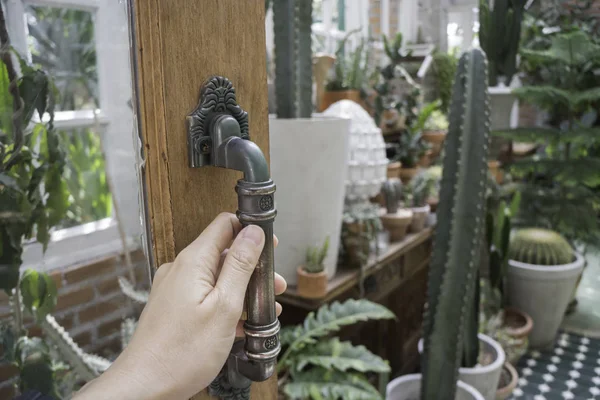 Female hand opening greenhouse door — Stock Photo, Image