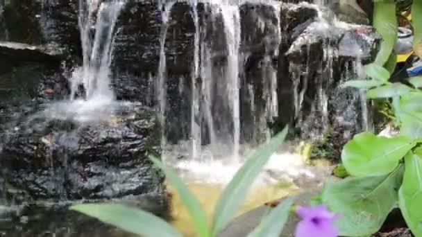 Маленький Водопад Украшенный Саду Отснятый Материал — стоковое видео