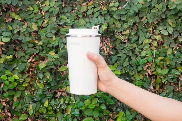 Aluminium Termos Mugg Hand Med Gröna Blad Vägg Stock Foto — Stockfoto