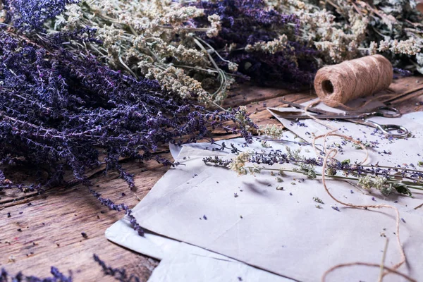 Bunch Sage Cord Different Alternative Medicine Herbs Wooden Background Vintage — Stock Photo, Image