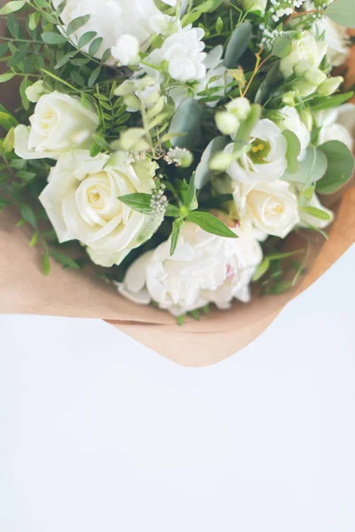 Bouquet Tendre Roses Blanches Décorées Vue Sur Dessus Tons Pastel — Photo