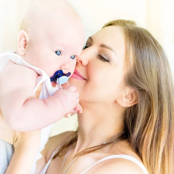 Portrait Happy Family Young Smiling Mother Cheerful Baby Dummy Scene — Stock Photo, Image