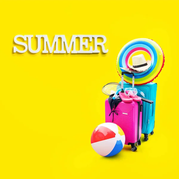 Bright Colors Suitcases Ready Travel Summer Accessories Things Slippers Hats — Stock Photo, Image