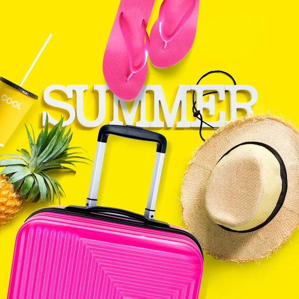 Travel Set Fuchsia Suitcase Straw Hat Pineapple Slippers Volume White — Stock Photo, Image