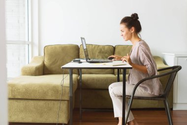 Ev ofisinde iletişim bilgisayar internet dizüstü işkadını girişimci çalışan genç güzel kadın ev tabanlı iş uzak konum organize