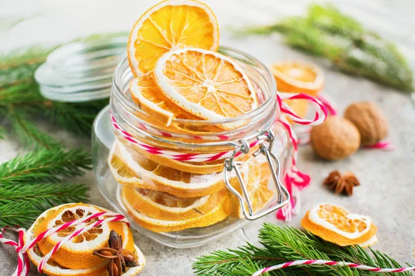 Homemade Dried Oranges Slices Jar Christmas Natural Organic Decoration — Stock Photo, Image