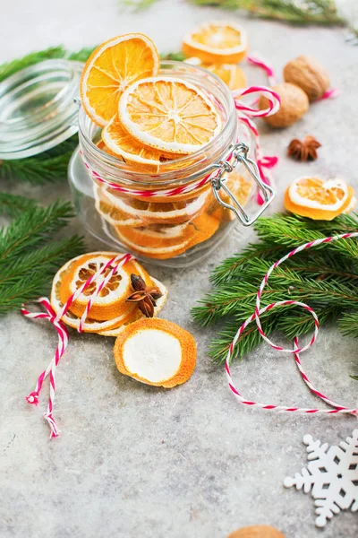 Homemade Dried Oranges Slices Jar Christmas Natural Organic Decoration Vertical — Stock Photo, Image