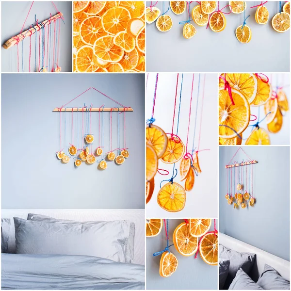 Колаж Концепцією Природного Сновидіння Спальні Сушені Скибочки Апельсинів Цитрусових Сірій — стокове фото