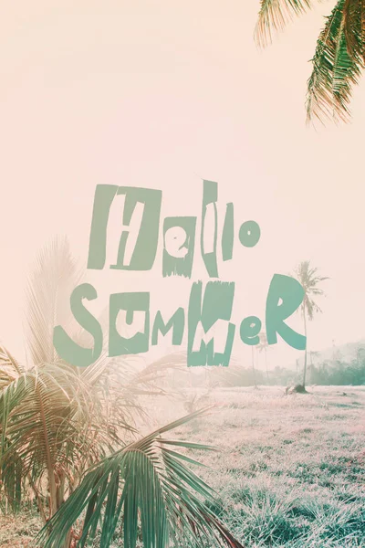 Phrase HELLO SUMMER over tropical morning scene — Stock Photo, Image