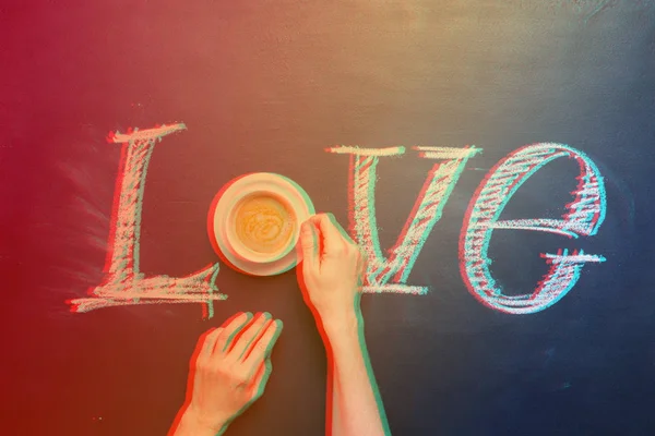 Texto Love Writing by Chalk Coffee Cup Vista superior —  Fotos de Stock