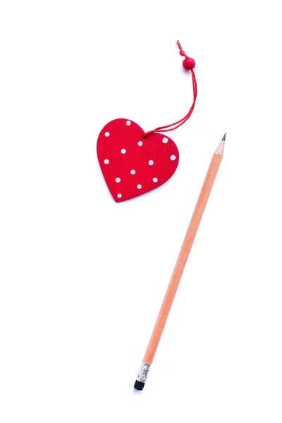 Blue notebook red wooden heart pencil elements — Stock Photo, Image