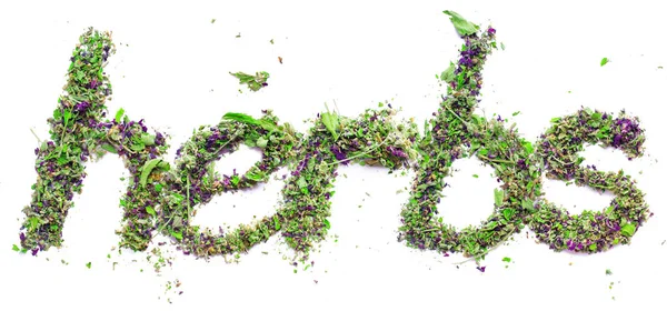 Inglês palavra HERBS de secou o sálvia de chá de ervas — Fotografia de Stock