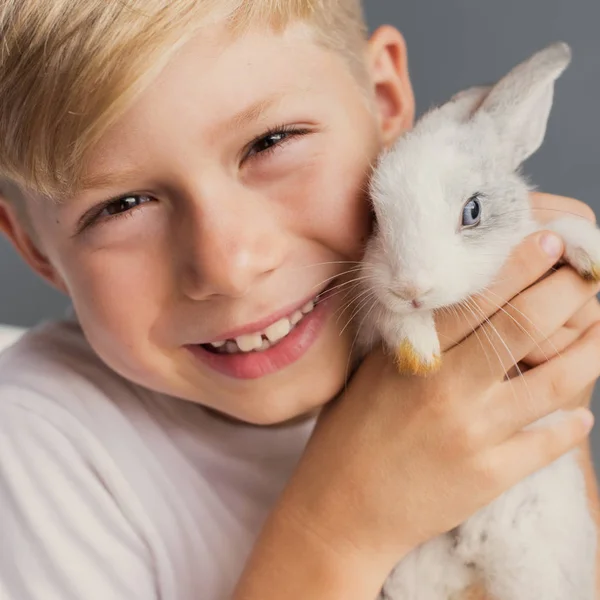 Little boy white Tshirt and tame dwarfish rabbit — Stock Photo, Image