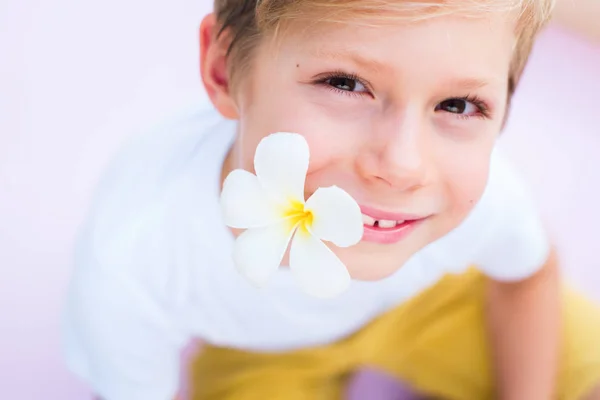 Niño sosteniendo flor boca rosa fondo —  Fotos de Stock