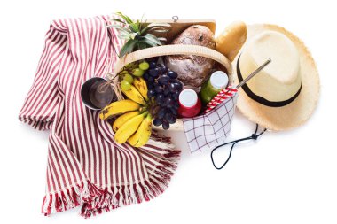 Sepet dolgulu gıda meyve çizgili ekose Piknik yaz