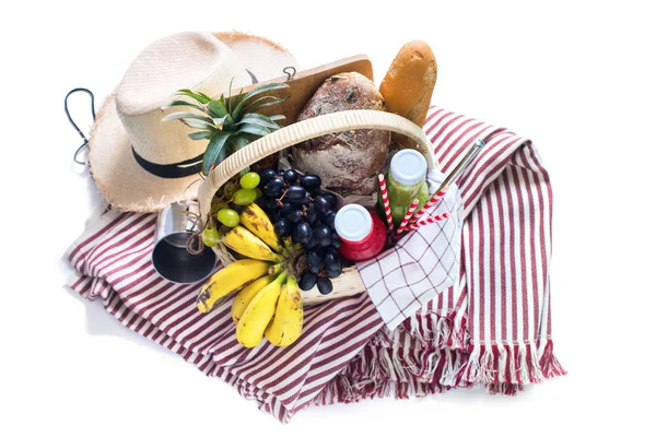 Basket filled food fruit striped plaid Picnic summer — Stock Photo, Image