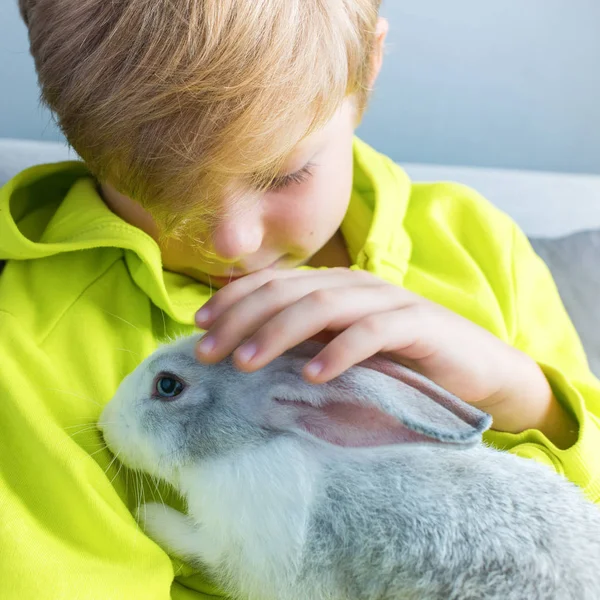 Niño feliz en chaqueta amarilla jugando conejo — Foto de Stock