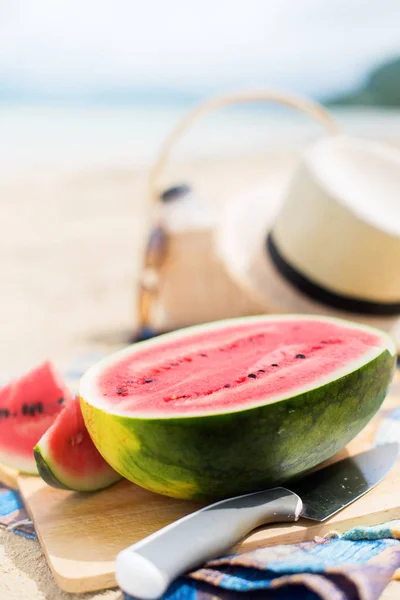Summer picnic time on a beach. Fresh water melon — Stock Photo, Image