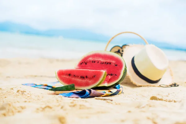 Summer picnic time on a beach. Fresh water melon — Stock Photo, Image