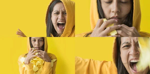 Молода дівчина піджак з капюшоном благополучно показує реальні емоції — стокове фото