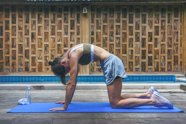 Genç fit kadın kedi pozu veriyor. Tahta arka planda, yüzme havuzunun yanında esneme egzersizi yapıyorum. Kadın havuz güvertesinde meditasyon yapıyor..