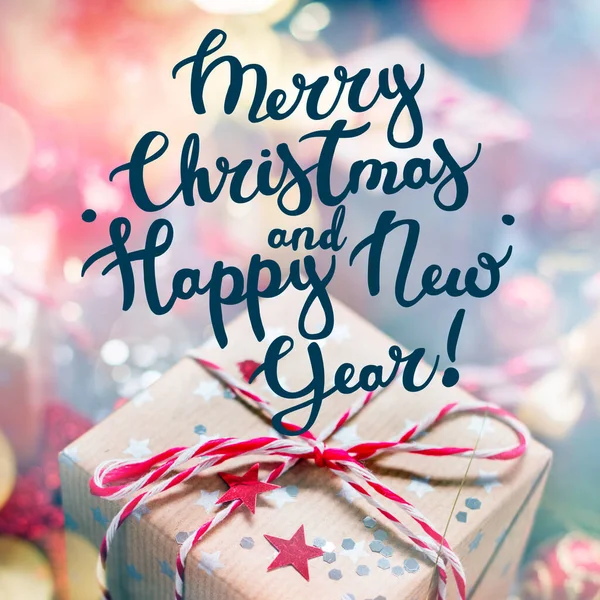 Cartão Com Letras Texto Feliz Natal Feliz Ano Novo Boke — Fotografia de Stock
