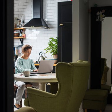 Ev konseptinde kal. Evinde çalışan genç ve güzel bir kadın. İnternet üzerinden haberleşme, internet, dizüstü bilgisayar, iş kadını girişimci ev tabanlı uzak bir iş yeri organize etti. İç mekan