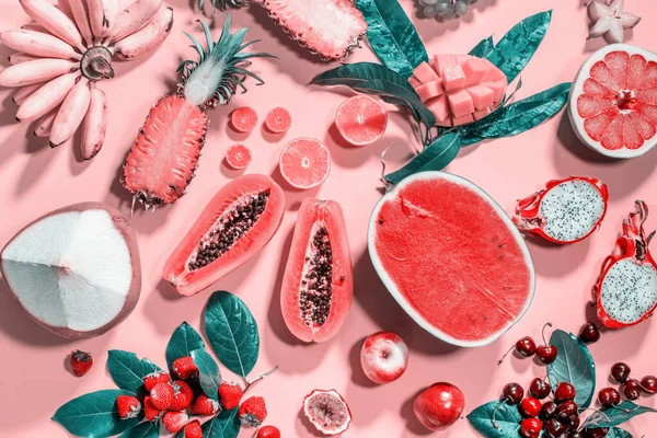 Ποικιλία Τροπικά Εξωτικά Φρούτα Berryes Κορυφή Veiw Ροζ Φόντο Ακατέργαστη — Φωτογραφία Αρχείου