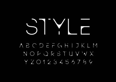 alfabe ve sayı üzerine siyah arka plan, vektör çizim ile beyaz stilize yazı tipi 