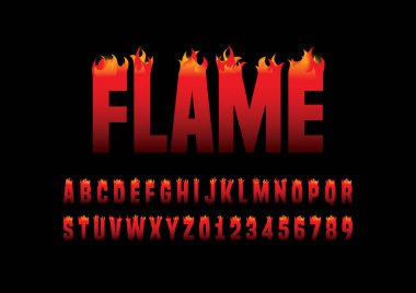 alfabe ve sayı üzerine siyah arka plan, vektör çizim ile stilize alev kırmızı yazı tipi 