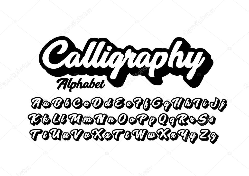 stylized calligraphy font and alphabet, vector illustration 