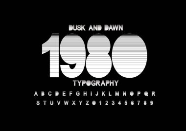 yazı tipi ve alfabe 1980, vektör çizim aşağı ve kelime dusk stilize  