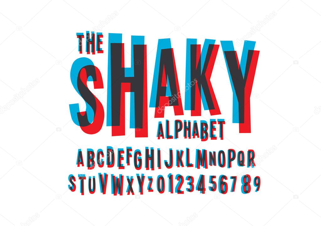 stylized font and alphabet with word shaky, vector illustration  