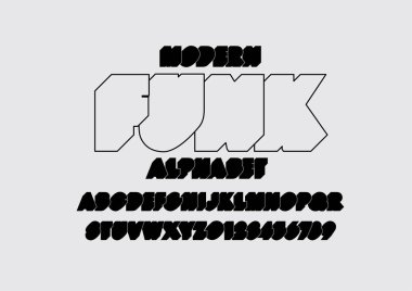 Funk yazı tipi ve alfabesi şablonu. Renkli vektör çizim stilize modern yazı tipi 