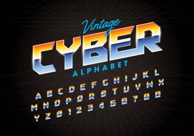 Cyber yazı tipi ve alfabesi şablonu. Renkli vektör çizim stilize modern yazı tipi 