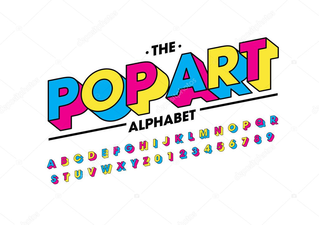 pop art font and alphabet template. Colorful vector illustration of stylized modern font 