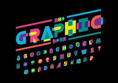  grafik tasarım yazı tipi ve alfabesi şablonu. Renkli vektör çizim stilize modern yazı tipi