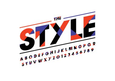  Stil Tasarım yazı tipi ve alfabesi şablonu. Renkli vektör çizim stilize modern yazı tipi