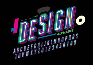  Tasarım yazı tipi ve alfabesi şablonu. Renkli vektör çizim stilize modern yazı tipi