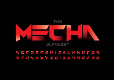Mecha tasarım yazı tipi ve alfabesi şablonu. Renkli vektör çizim stilize modern yazı tipi