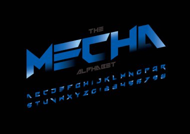Mecha tasarım yazı tipi ve alfabesi şablonu. Renkli vektör çizim stilize modern yazı tipi