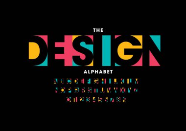  Tasarım yazı tipi ve alfabesi şablonu. Renkli vektör çizim stilize modern yazı tipi 
