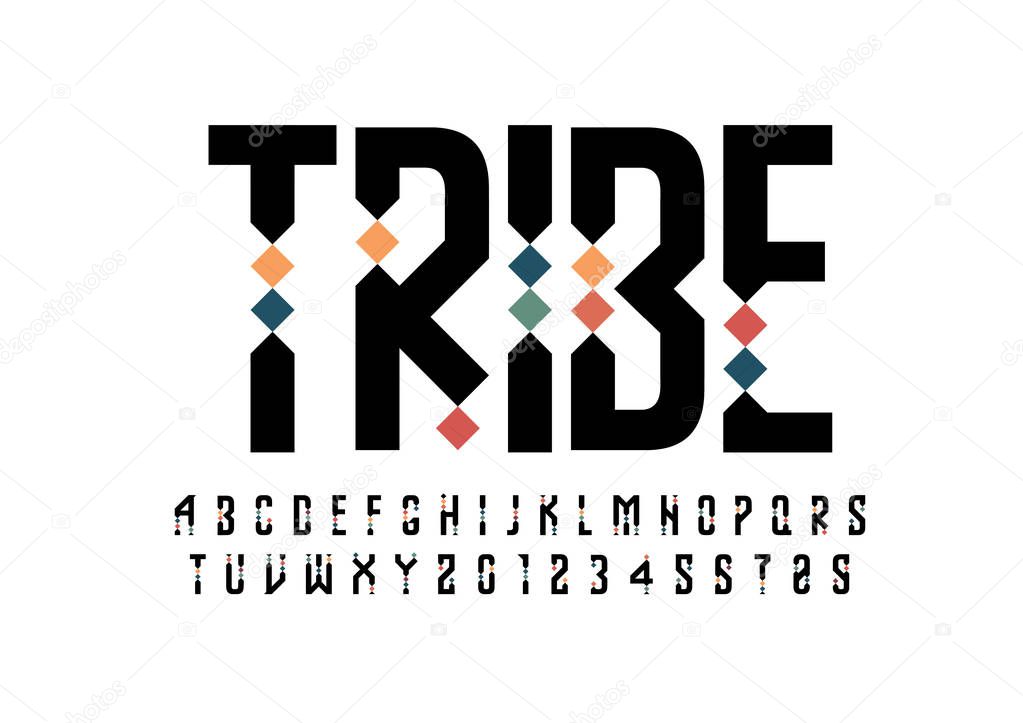 tribe design font and alphabet template. Colorful vector illustration of stylized modern font