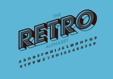 Retro yazı tipi ve alfabesi şablonu. Renkli vektör çizim stilize modern yazı tipi 