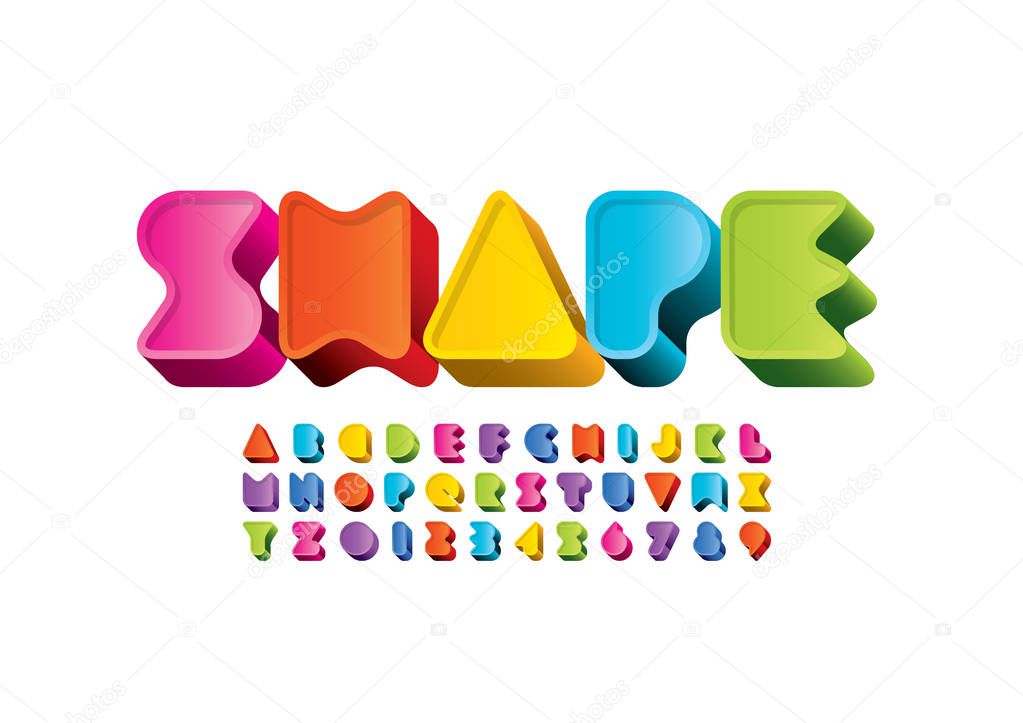 Shape font and alphabet template. Colorful vector illustration of stylized modern font 