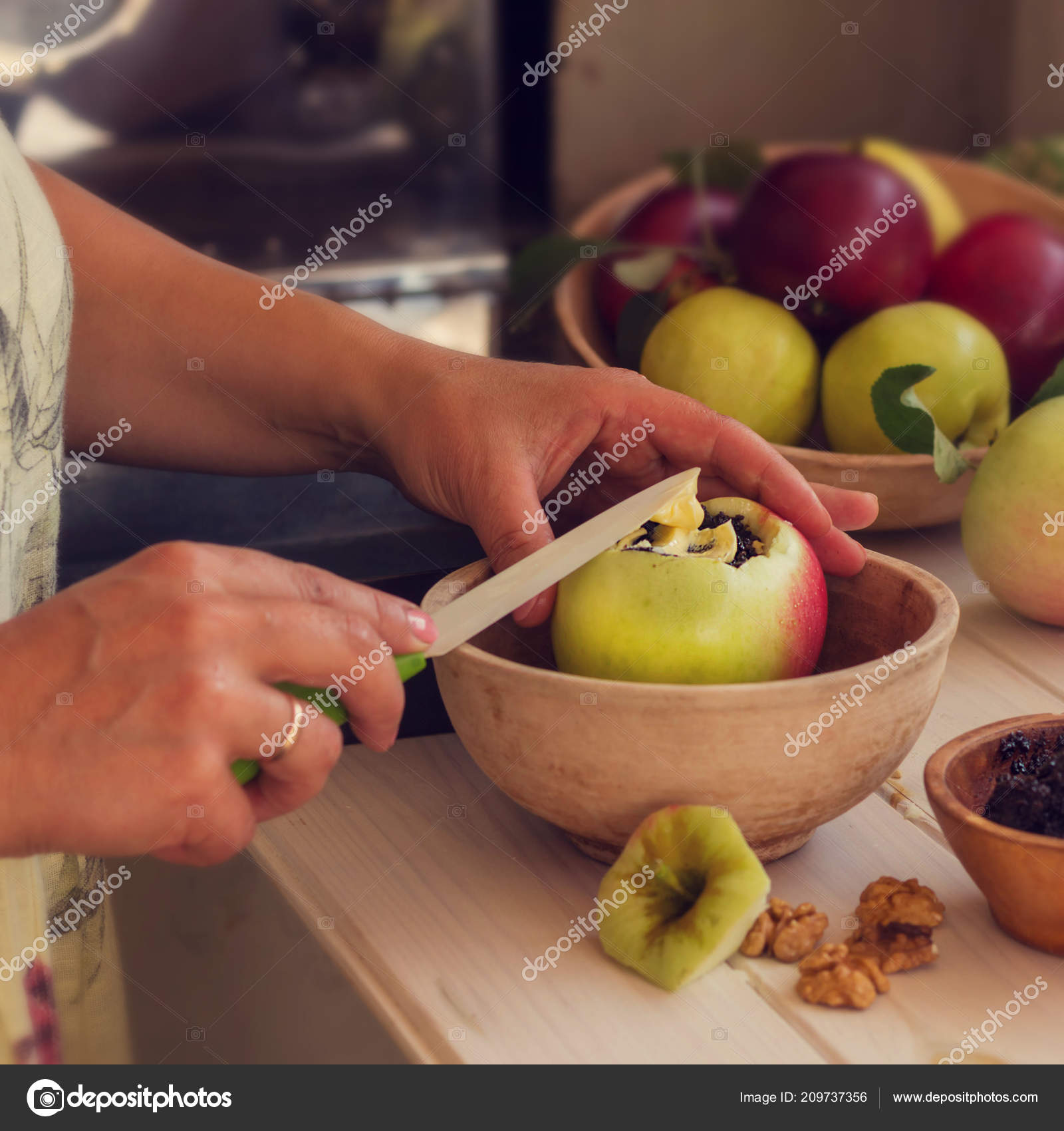 Baked Apple Woman Fills Apples Poppy Cottage Cheese Raisins Sugar